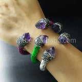 WT-B232 Natural double stone point bangle leather wrapped rhinestone beads bangle in multi color