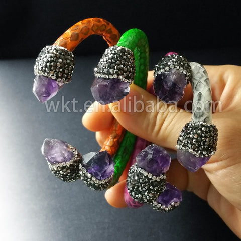 WT-B232 Natural double stone point bangle leather wrapped rhinestone beads bangle in multi color