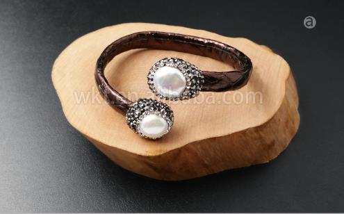WT-B278 5pcs/lot Genuine Leather Bangle Pearl Adjustable Bangle
