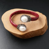 WT-B278 5pcs/lot Genuine Leather Bangle Pearl Adjustable Bangle