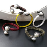 WT-B278 5pcs/lot Genuine Leather Bangle Pearl Adjustable Bangle