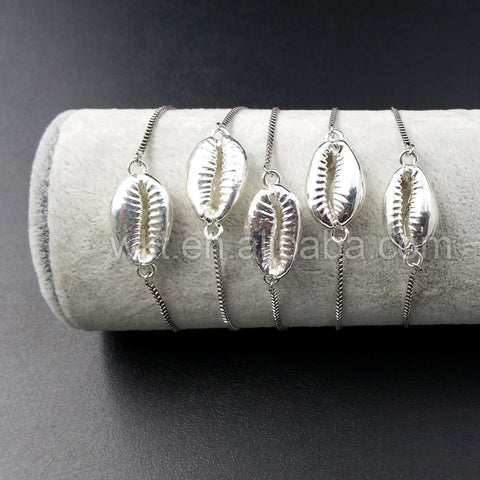 WT-B309 Silver Shell Link & Chain Bracelets Natural Cowrie Shell Connector Bracelet