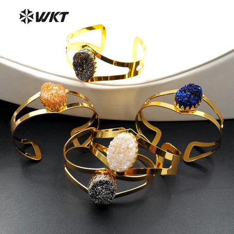 WT-B358 Natural Druzy Bangles With Gold Color Multi Stone With Adjustable Size Bracelet