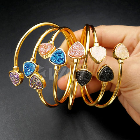 WT-B359 Natural Triangle Druzy Bangles With Gold Color Multi Stone With Adjustable Size Bracelets