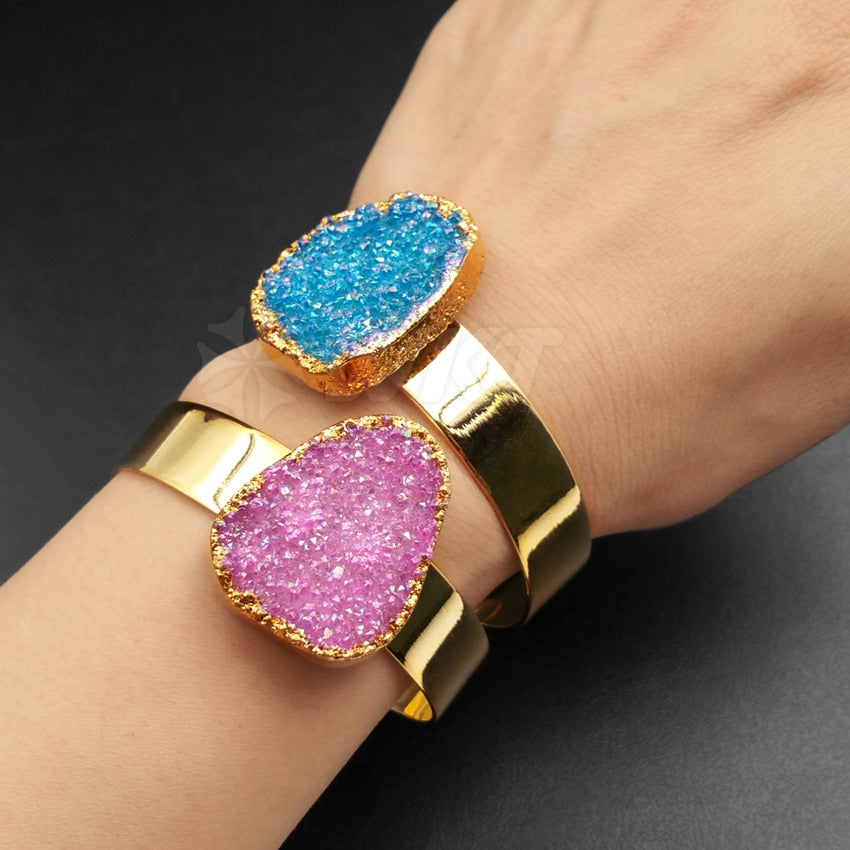 WT-B361 Natural Druzy Bangle With Gold Electrolated Jewelry Colorful Druzy Stone Bracelet