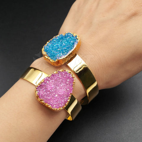 WT-B361 Natural Druzy Bangle With Gold Electrolated Jewelry Colorful Druzy Stone Bracelet