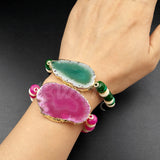 WT-B362 Unique Natural Slice Druzy Stone Elasticity Rope Beads With Adjustable Size Bangle