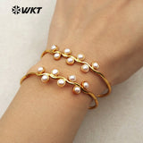 WT-B387 Generous Bracelet Bangle Natural Freshwater Pearl Brass