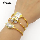 WT-B418 Baroque Pearl Bracelet with Gold Electroplated Brass Beads