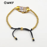 WT-B437 Classic Design Natural MOP Pearl In Gold Bezel Rope Chain With Circle Brass Beads Charm Adjustable Bracelet