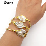 WT-B437 Classic Design Natural MOP Pearl In Gold Bezel Rope Chain With Circle Brass Beads Charm Adjustable Bracelet