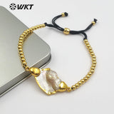 WT-B437 Classic Design Natural MOP Pearl In Gold Bezel Rope Chain With Circle Brass Beads Charm Adjustable Bracelet