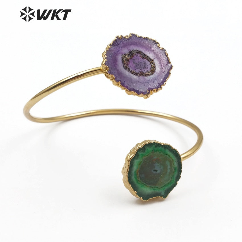 WT-B439 Colorful Natural Stalactite Quartz Jewelry Double Quartz With Gold Bezel Cuff Bracelet