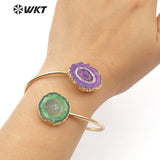 WT-B439 Colorful Natural Stalactite Quartz Jewelry Double Quartz With Gold Bezel Cuff Bracelet