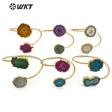 WT-B439 Colorful Natural Stalactite Quartz Jewelry Double Quartz With Gold Bezel Cuff Bracelet