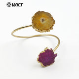 WT-B439 Colorful Natural Stalactite Quartz Jewelry Double Quartz With Gold Bezel Cuff Bracelet