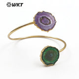 WT-B439 Colorful Natural Stalactite Quartz Jewelry Double Quartz With Gold Bezel Cuff Bracelet