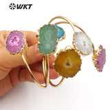 WT-B439 Colorful Natural Stalactite Quartz Jewelry Double Quartz With Gold Bezel Cuff Bracelet