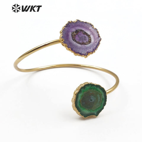 WT-B439 Colorful Natural Stalactite Quartz Jewelry Double Quartz With Gold Bezel Cuff Bracelet