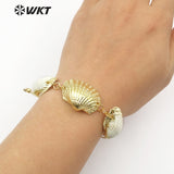 WT-B440 Special Design White Scallop Shell With One Full Metallic Shell Handmade Sea Side Gold Bracelet