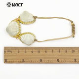 WT-B442 Boho Bracelet Natural White Scallop Shell With Gold Metal Bezel Sea Shell