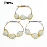 WT-B442 Boho Bracelet Natural White Scallop Shell With Gold Metal Bezel Sea Shell