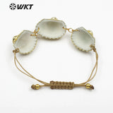 WT-B442 Boho Bracelet Natural White Scallop Shell With Gold Metal Bezel Sea Shell