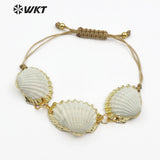 WT-B442 Boho Bracelet Natural White Scallop Shell With Gold Metal Bezel Sea Shell