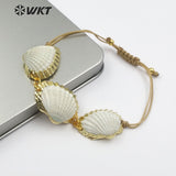 WT-B442 Boho Bracelet Natural White Scallop Shell With Gold Metal Bezel Sea Shell