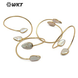 WT-B448 Double Freshwater Pearl Bangle Natural Pearl Teardrop Shape Adjustable Gold Bangle