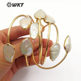 WT-B448 Double Freshwater Pearl Bangle Natural Pearl Teardrop Shape Adjustable Gold Bangle