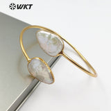 WT-B448 Double Freshwater Pearl Bangle Natural Pearl Teardrop Shape Adjustable Gold Bangle