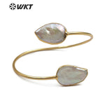 WT-B448 Double Freshwater Pearl Bangle Natural Pearl Teardrop Shape Adjustable Gold Bangle