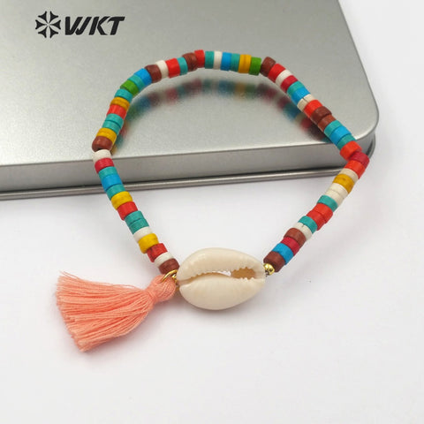 WT-B450 Natural Turquoises Beads Bracelet Sea Shell Cowrie Bracelet With Tassel Howlite Beads