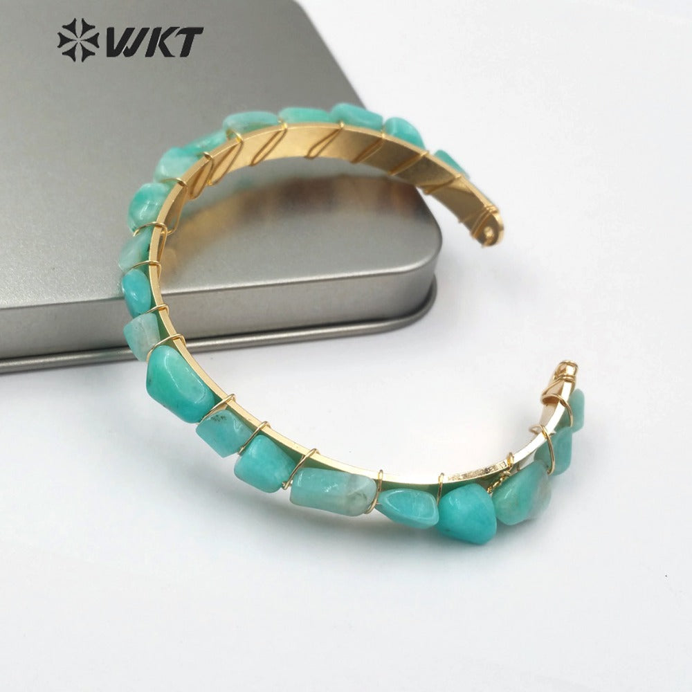 WT-B451 Raw Gem-stones Bangle Jewelry Black White Mint Green Color Tiny Stone Gold Bangle Dalicate Bracelet