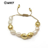 WT-B454 Natural freshwater Pearl Bracelet White Pearl With Gold Dipped One Handmade Beads