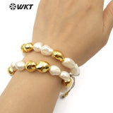 WT-B454 Natural freshwater Pearl Bracelet White Pearl With Gold Dipped One Handmade Beads