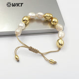 WT-B454 Natural freshwater Pearl Bracelet White Pearl With Gold Dipped One Handmade Beads