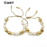 WT-B454 Natural freshwater Pearl Bracelet White Pearl With Gold Dipped One Handmade Beads