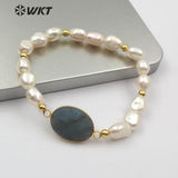 WT-B457 Labradorite & Pearl Oval Shape Labradorite Pendant With White Pearl Charm Handmade Bracelet