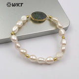 WT-B457 Labradorite & Pearl Oval Shape Labradorite Pendant With White Pearl Charm Handmade Bracelet