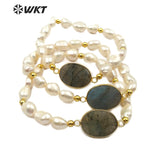 WT-B457 Labradorite & Pearl Oval Shape Labradorite Pendant With White Pearl Charm Handmade Bracelet