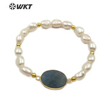 WT-B457 Labradorite & Pearl Oval Shape Labradorite Pendant With White Pearl Charm Handmade Bracelet