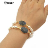 WT-B457 Labradorite & Pearl Oval Shape Labradorite Pendant With White Pearl Charm Handmade Bracelet