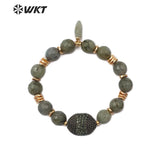 WT-B468 Labradorite Stone Elastic Beaded Gem Beads With Gold Charm Elegant Bracelet