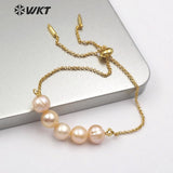 WT-B482 white purple freshwater pearl Bracelet adjustable gold Bangle