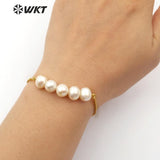 WT-B482 white purple freshwater pearl Bracelet adjustable gold Bangle