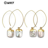 WT-E492 Square Shape Natural Freshwater Pearl Earring Gold Capped Pearl Pendant With Metal Hoop Vintage Pearl