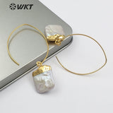 WT-E492 Square Shape Natural Freshwater Pearl Earring Gold Capped Pearl Pendant With Metal Hoop Vintage Pearl