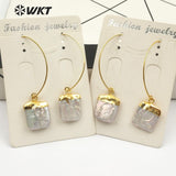WT-E492 Square Shape Natural Freshwater Pearl Earring Gold Capped Pearl Pendant With Metal Hoop Vintage Pearl